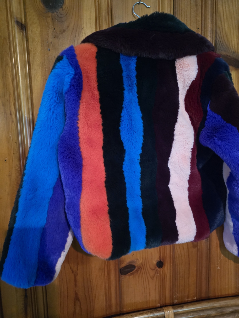 Multicolor Faux Fur Bomber Jacket - Women's Bold Stripe Coat - Picture 12 of 16